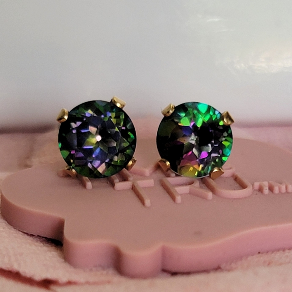 14K Solid Yellow Gold Mystic Fire Topaz Stud Earrings